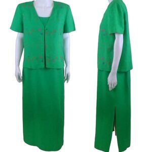 Vintage Jessica Howard 2pc Green Embroidered Jacket Maxi Dress